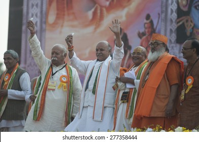 KOLKATA - DECEMBER 20: Praveen Togadia And Mohan Bhagwat Waiving Towards The Crowd During The Golden Jubilee Celebration Of VHP -a Hindu Nationalist Organization On December 20, 2014 In Kolkata,India.