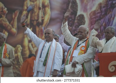 KOLKATA - DECEMBER 20:Praveen Togadia And Mohan Bhagwat Waiving Towards The Crowd During The Golden Jubilee Celebration Of VHP -a Hindu Nationalist Organization On December 20, 2014 In Kolkata, India.