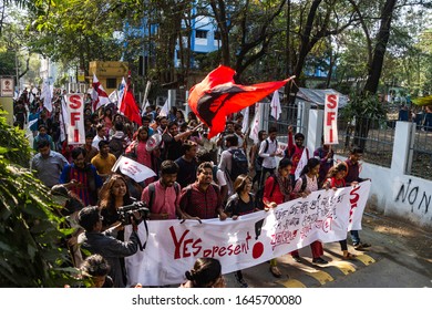 Kolkata, India - 02 14 2020: Students Of Jadavpur University With Aishee Ghosh Giving A Call To Condemn And Resist Fasicsm Of ABVP And BJP In The University