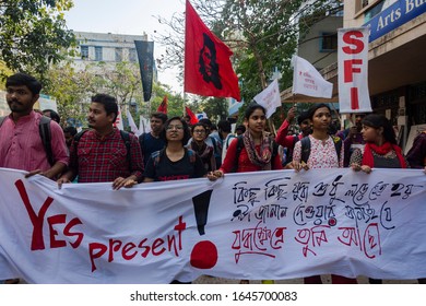 Kolkata, India - 02 14 2020: Students Of Jadavpur University With Aishee Ghosh Giving A Call To Condemn And Resist Fasicsm Of ABVP And BJP In The University