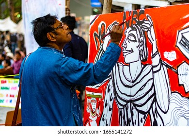 Kolkata, India - 02 24 2020: Artwork Showing Protest Against Citizenship Amendment Act, National Register Of Citizens And National Population Register, People Showing Respect To The Martyrs Of Pulwama