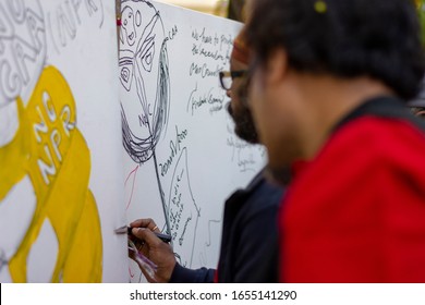 Kolkata, India - 02 24 2020: Artwork Showing Protest Against Citizenship Amendment Act, National Register Of Citizens And National Population Register, People Showing Respect To The Martyrs Of Pulwama