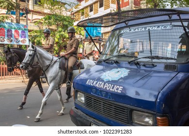 Kolkata, India - April 3, 2017: Horse Mounted Police Patrolling Streets In Kolkata Downtown, West Bengal, India.