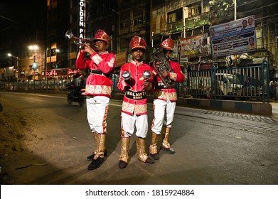 Kolkata, India, August 2020: Three Indian Wedding Band Musicians Practicing Their Daily Music Routine  In Evening On Road In Kolkata, India.