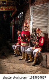 Kolkata, India, August 2020: Three Indian Wedding Band Musicians Practicing Their Daily Music Routine  In Evening On Road In Kolkata, India.