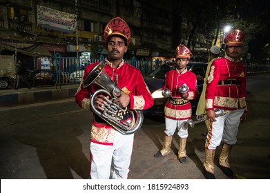 Kolkata, India, August 2020: Three Indian Wedding Band Musicians Practicing Their Daily Music Routine  In Evening On Road In Kolkata, India.