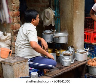 Kolkata, India - February 18, 2017: A Street Vendor Selling Tea In His Shop.