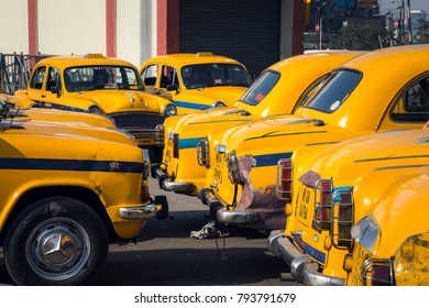 KOLKATA, INDIA - JANUARY 10, 2018: The Indian Yellow Taxi Hindustan Motors Ambassador Model