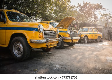 KOLKATA, INDIA - JANUARY 10, 2018: The Indian Yellow Taxi Hindustan Motors Ambassador Model