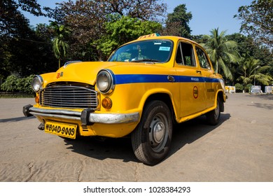 KOLKATA, INDIA - JANUARY 6, 2018: The Indian Yellow Taxi Hindustan Motors Ambassador Model