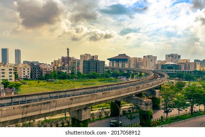 Kolkata, India, July 18,2021: Under Construction Metro Rail Line With Skyscrapers . Selective Focus Is Used.