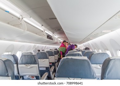 KOLKATA, INDIA - NOVEMBER 2, 2016: Interior Of Bombardier Q400 Of Biman Bangladesh Airlines.