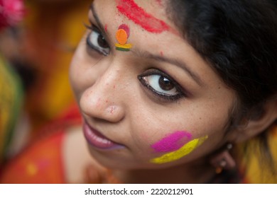 Kolkata, Kolkata India-March 12 2014: Students Of Rabindra Bharati University Celebrating, Playing And Enjoying Holi, The Festival Of Colors, With Colored Powder (abir).