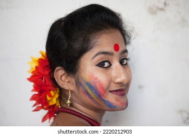 Kolkata, Kolkata India-March 12 2014: Students Of Rabindra Bharati University Celebrating, Playing And Enjoying Holi, The Festival Of Colors, With Colored Powder (abir).