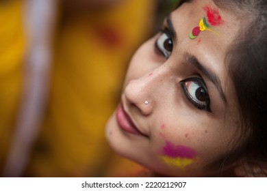 Kolkata, Kolkata India-March 12 2014: Students Of Rabindra Bharati University Celebrating, Playing And Enjoying Holi, The Festival Of Colors, With Colored Powder (abir).