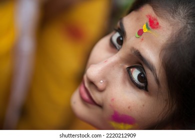 Kolkata, Kolkata India-March 12 2014: Students Of Rabindra Bharati University Celebrating, Playing And Enjoying Holi, The Festival Of Colors, With Colored Powder (abir).