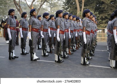 KOLKATA -JANUARY 19 : Women Members Of The R.A.F - A Specialized Wing Of The Indian Central Reserve Police Force During The Republic Day Parade Preparation On January 19, 2015 In Kolkata, India.