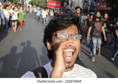 KOLKATA- SEPTEMBER 18: An Angry Student Chanting Slogans During A Student Protest Rally Organized By Jadavpur University Students Against Police Atrocities On September 18, 2014  In Kolkata, India.