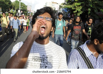 KOLKATA- SEPTEMBER 18: During A Student Protest Rally Organized By Jadavpur University Students Against Police Atrocities On September 18, 2014 In Kolkata, India.