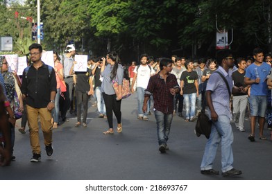 KOLKATA- SEPTEMBER 18: Students Walking On The Streets  During A Student Protest Rally Organized By Jadavpur University Students Against Police Atrocities On September 18, 2014 In Kolkata, India.