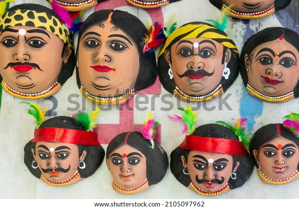 Kolkata, West Bengal,
India - 31st December 2018 : Colorful Santhal tribal masks of
tribal man and woman on display for sale at handicrafts fair,
Kolkata, West Bengal,
India.
