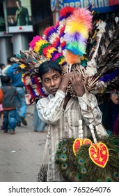 KOLKATA, WEST BENGAL, INDIA - JANUARY 29, 2011 : Front View Of Feather Duster Vendor In Lindsay Street At At New Market (Sir Stuart Hogg Market) Area.