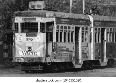 Kolkata, West Bengal, India - March 11, 2018 : The Heritage Of Kolkata, Trams Waiting For Passengers On A Sunday Morning At A Tram Station In Kolkata, India