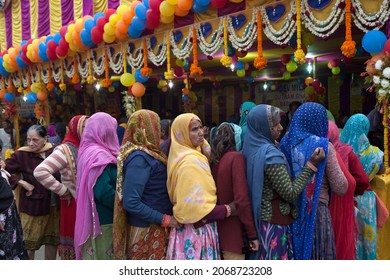 Kolkata, West Bengal India-Jan 10 2020: Devotees que for food at the Kolkata transit camp of Gangasagar Fair. 