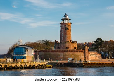 Kolobrzeg, Poland - December 31, 2020: harbor and the lighthouse in Kolobrzeg, West Pomerania, Poland
