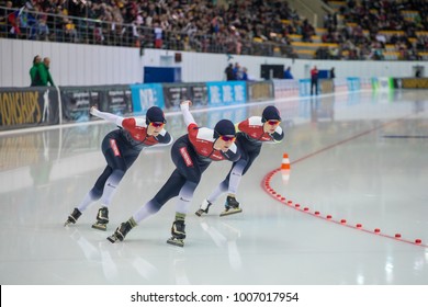 KOLOMNA, MOSCOW REGION, RUSSIA - JANUARY 07, 2018: ISU European Speed Skating Championships. Team Sprint.