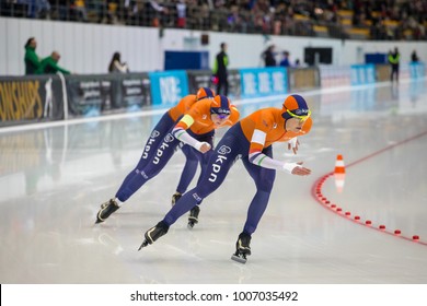 KOLOMNA, MOSCOW REGION, RUSSIA - JANUARY 07, 2018: ISU European Speed Skating Championships. Team Sprint. Dutch Team.