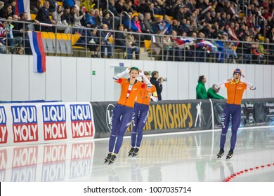 KOLOMNA, MOSCOW REGION, RUSSIA - JANUARY 07, 2018: ISU European Speed Skating Championships. Team Sprint. Dutch Team.