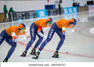 KOLOMNA, MOSCOW REGION, RUSSIA - JANUARY 07, 2018: ISU European Speed Skating Championships. Team Sprint. Dutch Team.