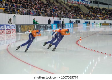 KOLOMNA, MOSCOW REGION, RUSSIA - JANUARY 07, 2018: ISU European Speed Skating Championships. Team Sprint. Dutch Team.