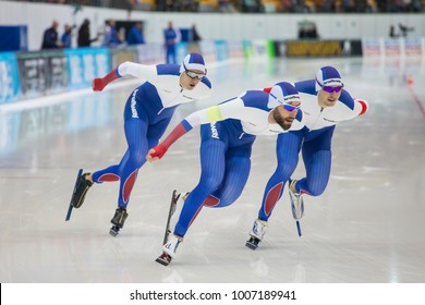 
KOLOMNA, MOSCOW REGION, RUSSIA - JANUARY 07, 2018: ISU European Speed Skating Championships. Team Sprint. Russian Team.