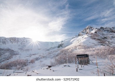 Komagatake mountain with snow in winter season.Japan
