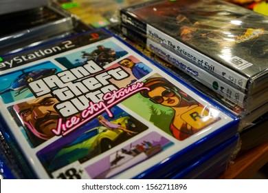 Komsomolsk, RUSSIA - November 17, 2019: New Video Games For Play Station On The Counter, Packaging Of The Legendary Game 