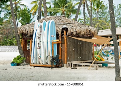 KONA, HAWAII - SEPTEMBER 6, 2011 - Surf rental shop on Kona beach on September 6, 2011 in Kona, Hawaii. Kona beaches are well known for the good spots for surfing. 