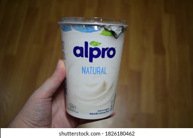 Kongsvinger, Norway - 1 October 2020: Alpro Natural Sign On Package Soya Yoghurt Food Nutrition Product