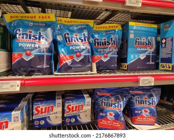 Kongsvinger, Norway 10 July 2022: Finish Powder And Sun Powder Dishwashing Detergent Packages For Dishwasher In Shelf At The Grocery Store