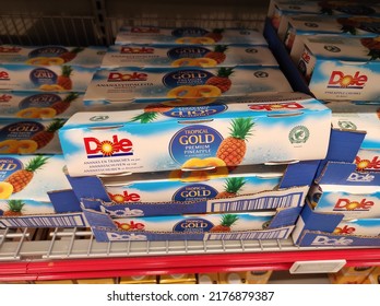 Kongsvinger, Norway 10 July 2022: Dole Tropical Gold Pineapple Packages Packages In A Row In The Shelf At The Grocery Store Import Sweet Snacks Food