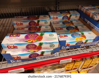 Kongsvinger, Norway 10 July 2022: Dole Tropical Gold Pineapple Packages Packages In A Row In The Shelf At The Grocery Store Import Sweet Snacks Food