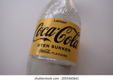 Kongsvinger, Norway - 10 October 2021: Lemon Coca Cola Sign On Isolated Original Norwegian Carbonated Sugar Free Soda Soft Drink Bottle Close Up