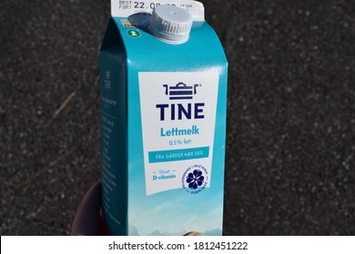 Kongsvinger, Norway - 10 September 2020: Tine Lettmelk Sign On Milk Carton Package Isolated Traditional Low Fat Drink Product