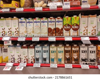 Kongsvinger, Norway 16 July 2022: Gluten Free Dairy Free Alpro Soy Milk And Oat Milk Drink Products Stacked In Shelf Range Row At The Store