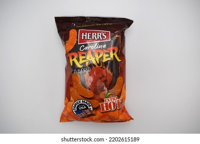 Kongsvinger, Norway 16 September 2022: Herrs Carolina Reaper Flavored Extra Hot Cheese Doodles Package Salty Chips Crisps Snacks Savory Food Import From America