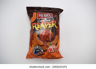 Kongsvinger, Norway 16 September 2022: Herrs Carolina Reaper Flavored Extra Hot Cheese Doodles Package Salty Chips Crisps Snacks Savory Food Import From America