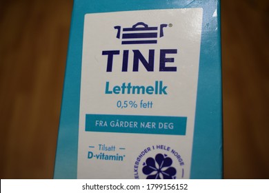 Kongsvinger, Norway - 20 August 2020:  Tine Lettmelk Sign On Milk Carton Package Isolated Traditional Low Fat Drink Product