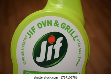 Kongsvinger, Norway - 20 July 2020:  Jif Ovn & Grill Sign On Spray Bottle Brand Isolated Cleaning Product For Disinfection Detergent Soap For Stove Oven And Grill In Your Home