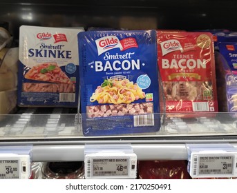 Kongsvinger, Norway 22 June 2022: Gilde Bacon Skinke And Ham Packages Products At The Grocery Store Norwegian Condiments Spread Topping For Pizza And Cooking At Home